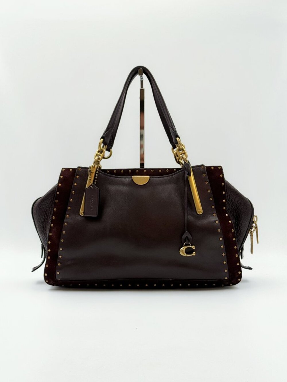 Coach Rogue Studded Leather Suede Satchel Shoulder Bag Brown Burgundy Gold Large